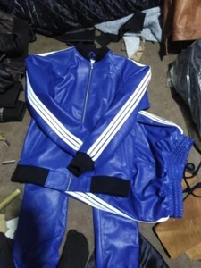 Men's Jogging Trousers and Hoodie Blue With White Stripes Cow Leather Tracksuit - Picture 1 of 1