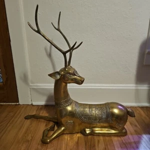 Vintage MCM Large Brass Deer Statue 27" Reindeer Stag - Picture 1 of 20