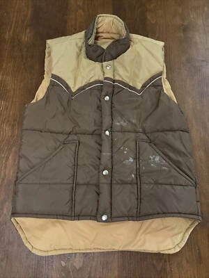 VINTAGE Western Puffer Jacket Vest Adult Large Brown Tan 80s Nylon Cowboy (READ) - Image 1 of 4