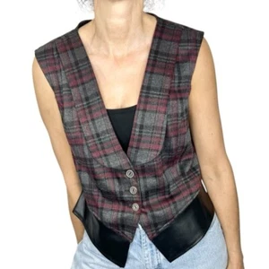 Vintage 80s 90s burgundy grey plaid faux leather tailored fitted knit vest L - Picture 1 of 11