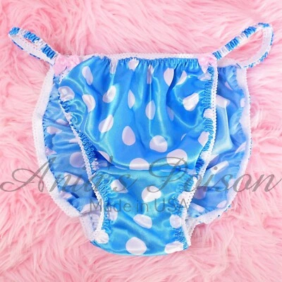 Sissy Satin Höschen für HERREN - blau weiß Punkte glänzend String Bikini oder BH oder Rock - Bild 1 von 4