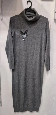 Maxi Vestido Suéter Markus Gris Lupfer Tejido XS Plateado Lentejuelas Pájaro Adornado Foto 1 de 4