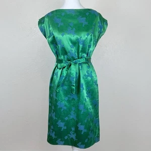 Vintage 1950s Emerald Green & Blue Asian Satin Brocade Wiggle Dress S 4 / 6 - Picture 1 of 24