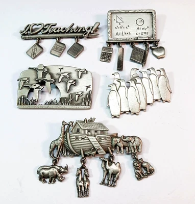 Vintage JJ Jonette Pin Brooch Lot Ark Penguins Birds Dangle Charms Pewter Tone - Image 1 of 4
