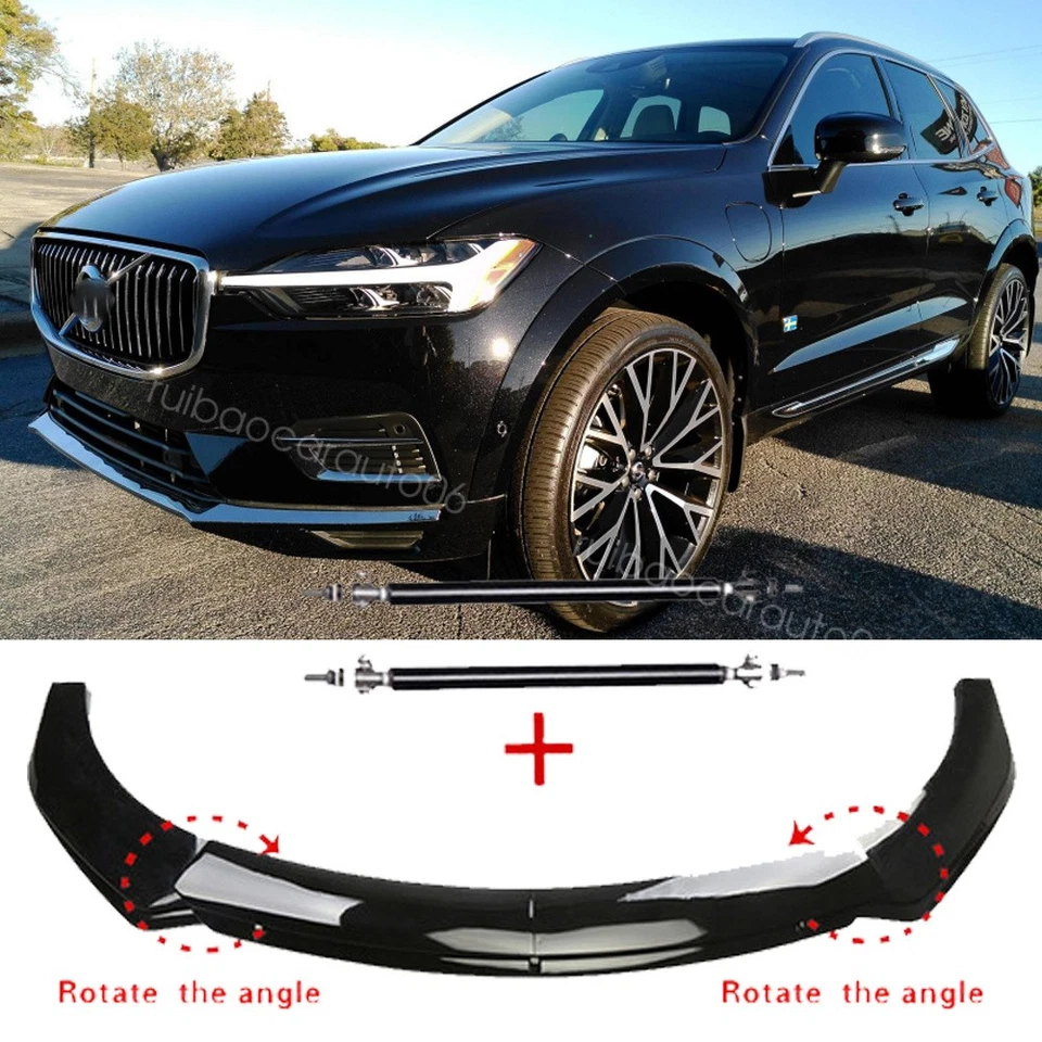 Glossy Black Front Bumper Lip Spoiler Splitter Strut Rods For 2021 Volvo XC60 Foto 1 de 4