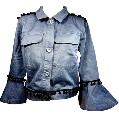 Du Jour 夹克女式 S 绒球蓝色斜纹夹克铃铐垃圾男友 — 第 1/4 张图片