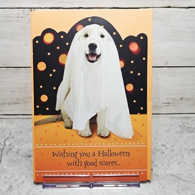 Halloween Greeting Card Dog Ghost Costume White Orange Hallmark - Image 1 of 4