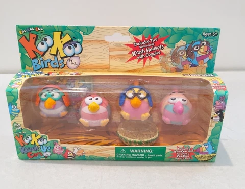 Series 1 set of 4 KooKoo Zoo Bird Figures Krash Helmets + Nest Cover