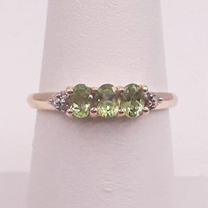 14K Yellow Gold 3-Stone Green Sapphire 6-Diamond Ring Sz 7 - Picture 1 of 3
