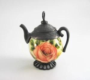 dollhouse doll house miniature VINTAGE METAL COLORFUL FLOWER TEA POT COFFEE POT - Picture 1 of 2