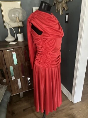 Vintage 1980's Ruched Bodycon Red Dress HANNA LEE SZ M Draped Open Back 80’s WOW - Image 1 of 4