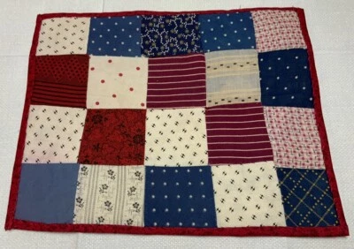 Vintage Patchwork Quilt Table Topper, Nine Patch, Early Calico Prints, Blue, Red - Image 1 of 4