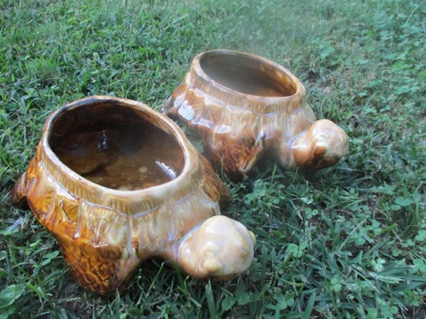 PAIR OF OLD SWIRLY GLAZE VINTAGE POTTERY TURTLE GARDEN PLANTERS Cover