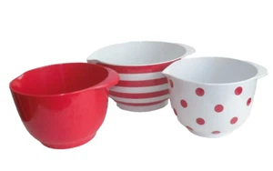 3-Pc Set of Melamine Nesting Mixing Bowls Red Stripe, Solid and Polka Dots - Picture 1 of 9