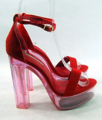 LILIANA RED 5.5"High CLEAR block Heel PEEP toe ankle strap Shoes women Size 7.5 - Image 1 of 4