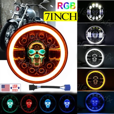 Faro LED calavera 7" ojos de ángel para motocicleta Harley-Davidson Honda Yamaha EE. UU. Foto 1 de 4
