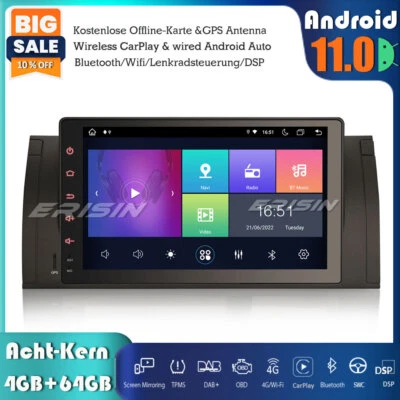 9" 64GB Android 13 Autoradio GPS DAB+CarPlay Wifi SWC DTV für BMW 5er E39 X5 E53 - Bild 1 von 4