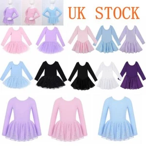 Girls Long Sleeve Ballet Dress Solid Color Leotard Tutu Skirt Dancewear Costumes - Picture 1 of 56