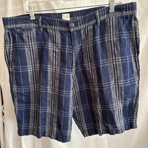 100% Linen Shorts Men’s Lands End Navy and Gray Striped Plaid Size 38 Inseam 9” - Picture 1 of 7