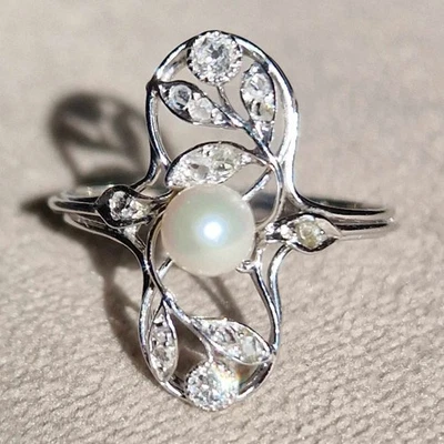 BAGUE ANCIENNE ART DECO OR 18 CARATS PERLES ET DIAMANTS TAILLE ROSE - Photo 1/4