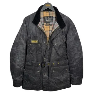 Barbour Slim International Wax Beeswax Jacket 6oz Mens XL 42 Black Belted Biker - Picture 1 of 23
