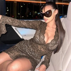 2025 Ladies V Neck Flared Long Sleeves Lace Bodycon Mini See Through Party Dress - Picture 1 of 24