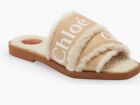 NIB Chloe Woody Logo Shearling Slide Sandal Soft Tan Size 37 7
