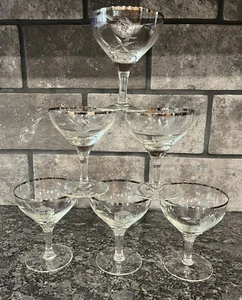 6 Vtg Etched Rose Hand Blown Glass Champagne/Tall Sherbet Glasses Platinum Trim - Picture 1 of 4