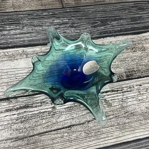 Murano Art Glass Italy Crystal Clear Cobalt Blue Green Candy Dish 7”x 6” Glows - Picture 1 of 5