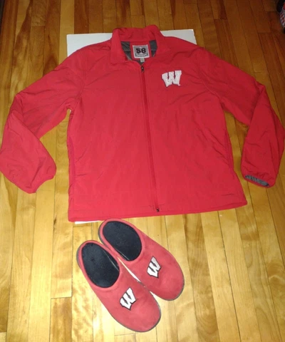 Wisconsin Badgers Mens Slippers Sz 10 R & WB Mens Zipped Sweatshirt Sz Large Cover