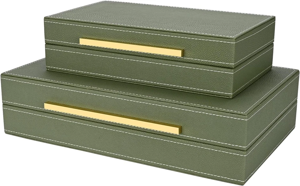 Green Shagreen Box Set of 2 Faux Leather Decorative Boxes,Large Nesting Storage - Image 1 of 4