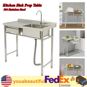 Commercial Kitchen Sink Prep Table w/ Faucet Stainless Steel Right Compartment - Imagen 1 de 13