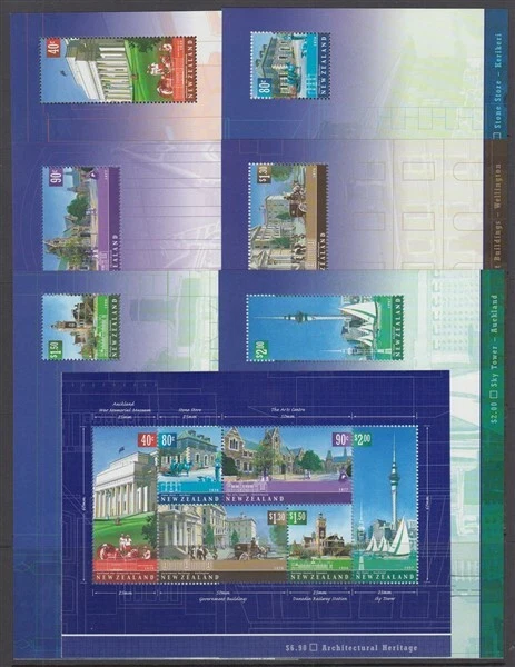 NEW ZEALAND 2002 SET (x7) MINT M/S's ex BOOKLET ARCHITECTURE HERITAGE (ID:PB07) - Image 1 of 1