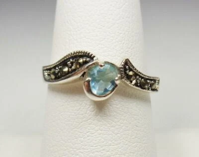 ANILLO SOLITARIO PLATA ESTERLINA AQUA CIRCONITA PIEDRA Y MARCASITAS PROMESA TALLA 7 8 9 Foto 1 de 4