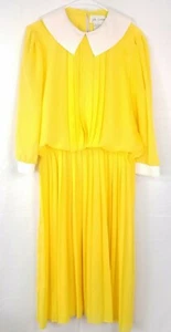 Joy Gordon Vintage Kleid gelb Bluse Kragen plissiert fließend Damen Gr. 14 - Bild 1 von 4