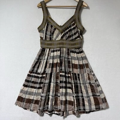 100% Silk Babydoll Sleeveless Dress V Neck Sz 8 Knee Length Patchwork Plaid Boho - Image 1 of 4