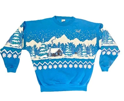 Vintage 80s Lifestyles VAIL Flocked Blue Ski Sweatshirt Crewneck One Size USA - Image 1 of 4
