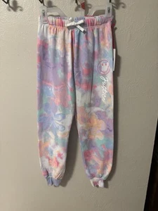 Justice Multi Flower/Smiley Fleece Jogger Sweatpants Pant, Girls S 7-8 NWT NEW - Picture 1 of 6