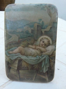 RARE ANTIQUE BEAUTIFUL PICTURE BABY JESUS ~ METAL RECTANGLE STAND UP FRAME - Picture 1 of 3
