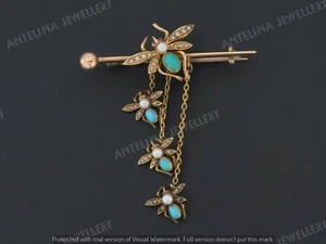 3.50Lab Created Turquoise,Pearl Diamond Insect Pin 14K Yellow Gold Plated Brooch - Picture 1 of 6