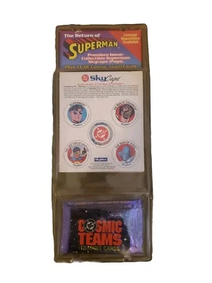 1993 SkyBox Superman SkyCaps Pogs + DC Cosmic Teams Cards Blister Pack Selado - Imagem 1 de 4