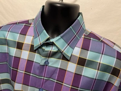Camisa social masculina Robert Talbott grande azul roxa xadrez L/S botão para cima BB - Imagem 1 de 4