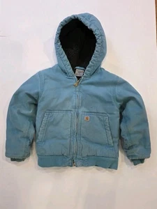 Youth Carhartt Sherpa Jacket Blue Canvas Zip Hooded Size XP 6 Mild Distressed - Picture 1 of 17