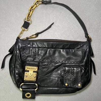 Cartera de cuero vintage Juicy Couture Y2K bolso de mano cadena gruesa de latón negro Foto 1 de 4