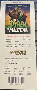 SHREK THE MUSICAL FULL UNUSED TICKET 7/16/11 PANTAGES THEATRE HOLLYWOOD - Foto 1 di 1