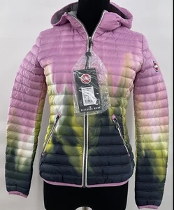 Colmar Womens Tie-dye Effect Down Jacket Hoodie Sz 38 USA 2 NWT Pink Yellow Blue - Picture 1 of 12