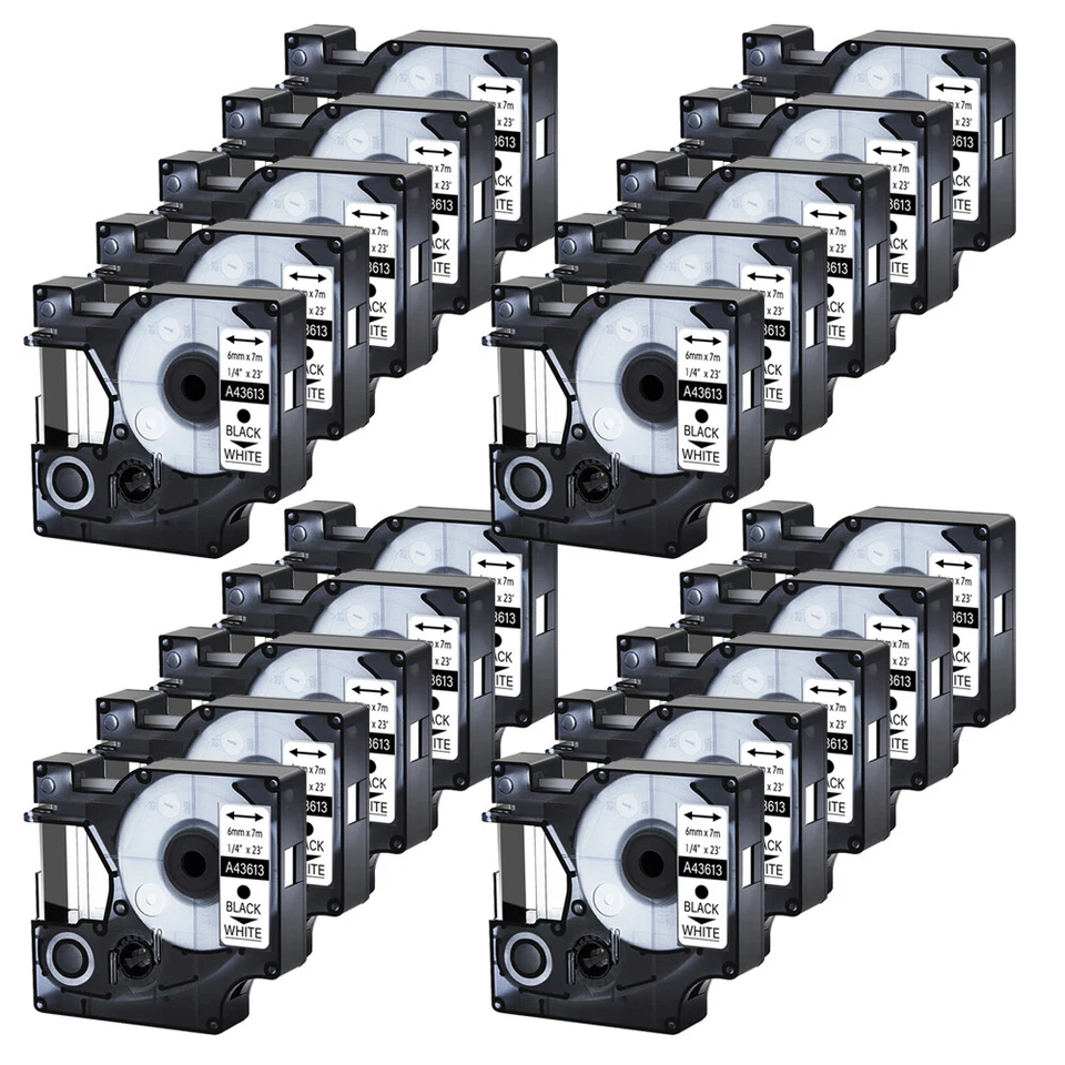 Cinta de etiqueta negra sobre blanca 20PK 43613 para DYMO D1 LabelManager 450D 100 6 mm 1/4" Foto 1 de 4
