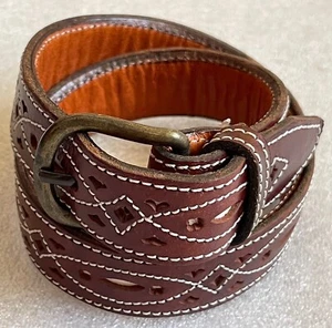 KIDS BROWN LEATHER WESTERN STITCHED BELT & BRASS BUCKLE: 20" - 22.25" WAIST, NEW - Picture 1 of 10