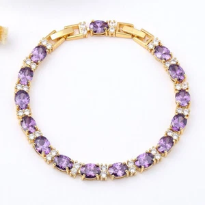 New Party Jewelry Oval Purple Amethyst Topaz Gemstone Charm Gold Women Bracelets - Picture 1 of 6