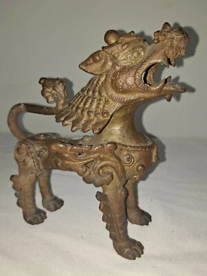 Early Antique Tibetan Foo Dog Kylin Brass Temple Lion Guardian, Horned 6+ inches - Image 1 of 4